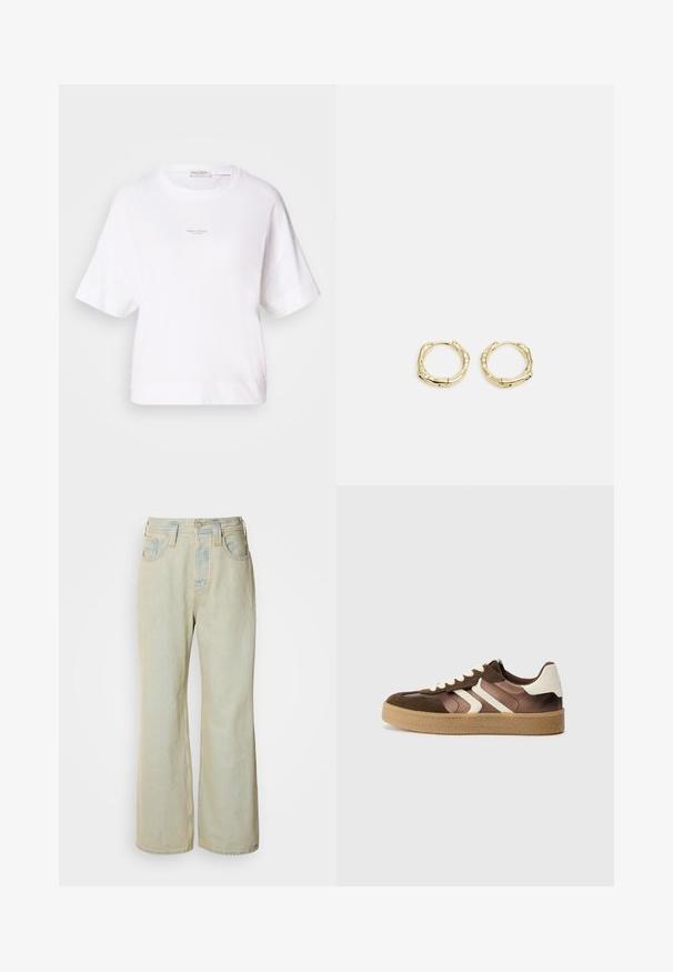 T-shirt bianco oversize realizzato in morbido tessuto, con collo a giro e maniche corte. Piccolo logo stampato al centro anteriore.; Jeans blu chiaro a gamba larga realizzati in denim, con vita alta, cinque tasche e un leggero sbiadimento con accenti di cucitura a contrasto.; Sneaker marroni e crema realizzati in una combinazione di materiali scamosciati e satinati, con tre strisce diagonali e una suola in gomma testurizzata.; Orecchini a cerchio in oro con una forma irregolare e texture. Presentano una chiusura senza giunture e una finitura superficiale lucida, che enfatizza un design moderno.