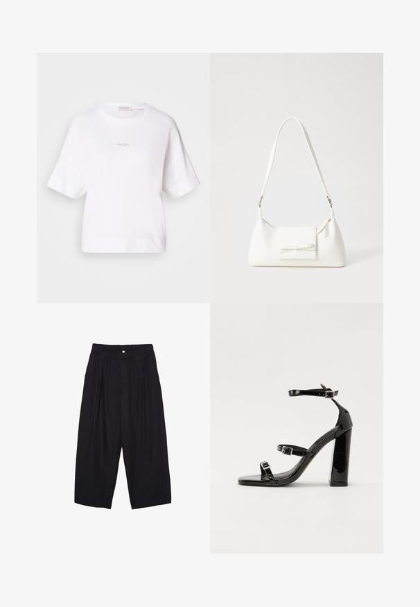Weißes, übergroßes T-Shirt aus weichem Stoff, mit Rundhalsausschnitt und kurzen Ärmeln. Kleines Logo in der Mitte der Vorderseite aufgedruckt.; Schwarze Polyester-Culotte mit einem elastischen Bund, zwei vorderen Falten und einer lockeren Silhouette. Keine sichtbaren Muster oder Hardware-Details.; Schwarze patentierte Sandalen mit Absatz, quadratischer Spitze, Knöchelriemen und silbernen Schnallen. Mit einem stabilen Blockabsatz für mehr Stabilität.; Weiße synthetische Handtasche in dreieckiger Form, flache Vorderklappe und Schleifendetail, verstellbarer Trageriemen, glatte Textur und minimalistisches Design.