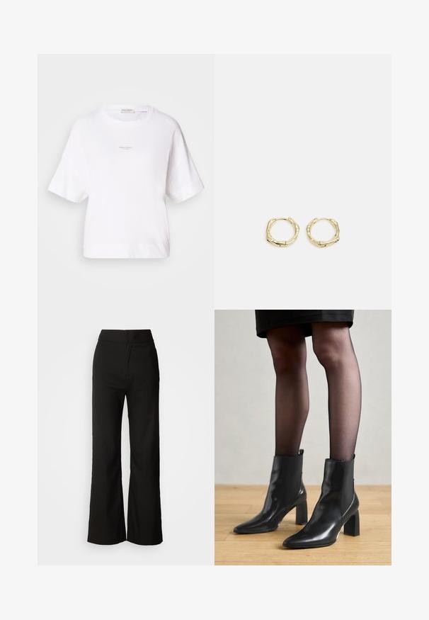 Biela oversized tričko vyrobené z mäkkej tkaniny, s okrúhlym výstrihom a krátkymi rukávmi. Malé logo potlačené v strede prednej časti.; Čierne široké nohavice s hladkou textúrou, vysokým pásom a jednoduchým dizajnom. Žiadne viditeľné vrecká ani ozdoby.; Čierne kožené členkové topánky s špicatou špičkou, robustný štvorcový opätok a elegantný dizajn. Obsahujú elastické bočné panely pre jednoduché obúvanie.; Zlaté kruhové náušnice s textúrovaným, nepravidelným tvarom. Majú bezšvové uzatváranie a lesklý povrch, čo podčiarkuje moderný dizajn.