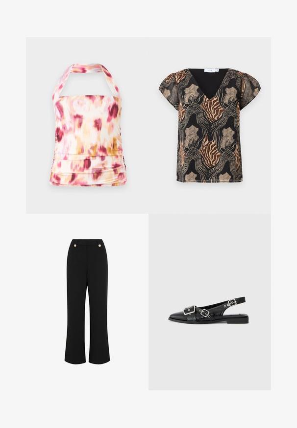 Halter neck topp i lätt tyg med ett rosa, gult och vitt tie-dye-mönster. Har samlad detaljering och en figurnära silhuett.; Kortärmad blus med svart bas, prydd med ett flerfärgat abstrakt mönster i guld, brunt och beige. V-ringning med mjuk textur.; Svarta vida byxor med en slät textur, med hög midja, två knappar i guldton och skräddarsydd design. Inga synliga fickor.; Svart läder slingback-sko med spetsig tå, två silverfärgad spännen och en låg blockklack. Har en texturerad ovandel och öppen baksida.