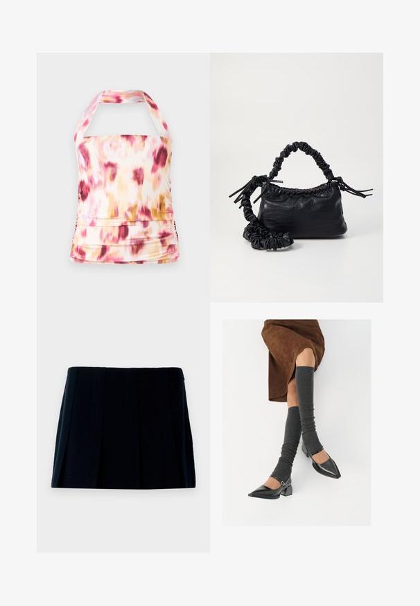 Halter nádržkové tričko z ľahkého materiálu s ružovým, žltým a bielym batikovaným vzorom. Obsahuje nazhromaždené detaily a priliehavý strih.; Čierna plisovaná mini sukňa vyrobená z textílie. Má priamy pás a množstvo vertikálnych skladov pre tvar a štruktúru.; Čierne lakované kožené topánky s špicatou špičkou, blokovým podpätkom a členkovým remienkom, ktoré sú kombinované so šedými rebrovanými legínami a hnedou zamšovou sukňou.; Čierna umelá kožená kabelka s kroko vzorom, sťahovaným vrchom a zhnutým popruhom. Vyzerá mäkko a kompaktné v dizajne.