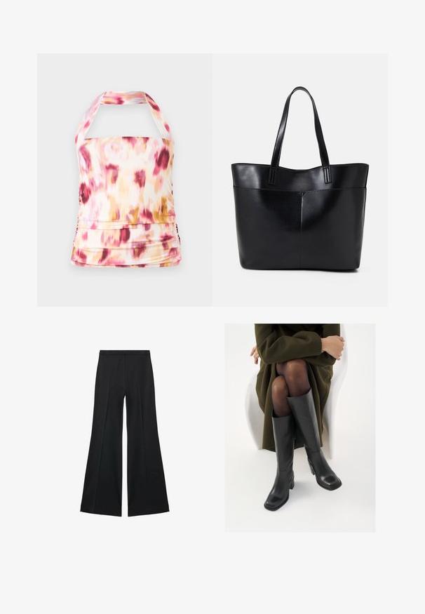 Halterneck-top van lichtgewicht stof met een roze, gele en witte tie-dye patroon. Kenmerkt zich door gathered details en een getailleerde pasvorm.; Zwarte wijde-pijpen broek met een gladde textuur, gekenmerkt door voorplooien en een op maat gemaakte uitstraling. De stof is lichtgewicht en vloeiend.; Knieschijf hoge zwarte leren laarzen met een vierkante neus en blokhak, getoond met een model dat zit in een olijfgroene jas. Gladde textuur, minimale details.; Zwarte leren tote bag met twee lange handvatten, een zachte textuur en een gestructureerde vorm. Voorzien van een voorvak voor extra opslagruimte.