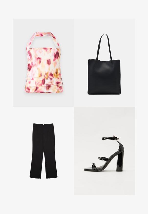 Top à col halter en tissu léger avec un motif tie-dye rose, jaune et blanc. Dispose de détails froncés et d'une silhouette ajustée.; Pantalon noir avec une coupe droite, doté de poches avant et d'éclairs sur l'ourlet. Fabriqué en tissu doux et lisse. Convient à diverses occasions.; Sandales à talons vernies noires avec un bout carré, des sangles autour de la cheville et des boucles en argent. Dotées d'un talon bloc épais pour plus de stabilité.; Sac fourre-tout en cuir noir avec une texture lisse, de forme rectangulaire et deux longues poignées. Pas de matériel ou d'ornementations visibles.