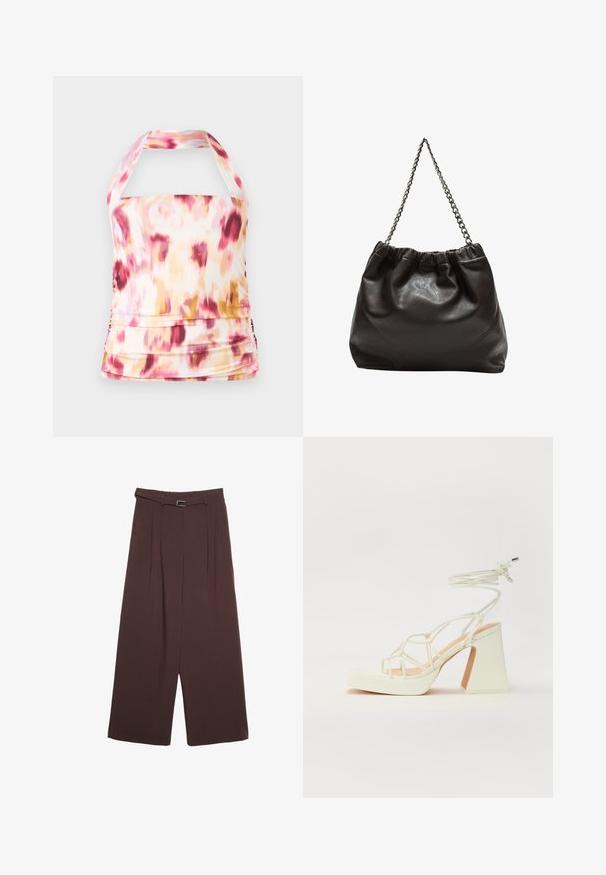 Halter neck top in lightweight fabric with a pink, yellow, and white tie-dye pattern. Features gathered detailing and a fitted silhouette.; Stradivarius WIDE-LEG WITH BUCKLE DETAIL - Trousers - dark brown; White high-heeled sandal with a chunky heel, featuring a strappy design and ankle tie. Smooth texture with a platform front for added height.; Brown leather bag with a gathered top and a chain strap. Smooth texture with a glossy finish and subtle seam detailing on the sides.