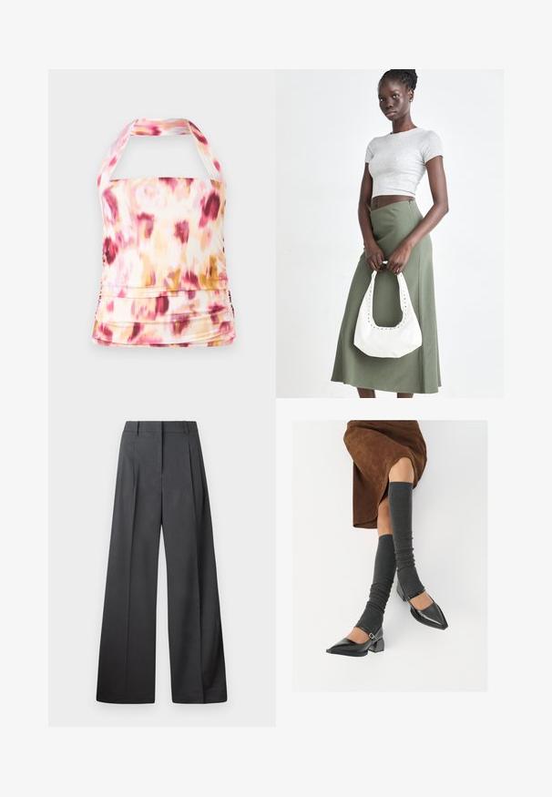 Top cu gât halter dintr-un material ușor, cu un model tie-dye în nuanțe de roz, galben și alb. Prezintă detalii strânse și o siluetă ajustată.; Pantaloni culți din țesătură gri închis, cu talie înaltă, pliuri simple și o textură netedă, cu o finisare curată la tivuri.; Pantofi negri din piele lacuită, cu vârful ascuțit, toc bloc și curea la glezna, asortați cu jambiere gri cu nervuri și o fustă din suede maro.; Crop top griș cu dungi și fustă verde măsliniu cu talie înaltă. Modelul ține o geantă albă de umăr cu detalii tăiate. Design simplu, siluetă ajustată.