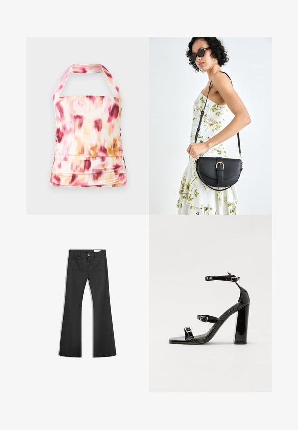 Halterneck-Top aus leichtem Stoff mit einem pinken, gelben und weißen Batikmuster. Verfügt über Raffung und eine figurbetonte Silhouette.; Schwarze Schlagjeans aus Denim mit glatter Textur, ausgestattet mit zwei Gesäßtaschen und einem Knopfverschluss an der Taille.; Schwarze patentierte Sandalen mit Absatz, quadratischer Spitze, Knöchelriemen und silbernen Schnallen. Mit einem stabilen Blockabsatz für mehr Stabilität.; Schwarze Lederhandtasche mit geschwungener Form, abnehmbarem Tragegurt und goldenen Beschlägen. Die Tasche verfügt über einen Deckel mit einer Schnallen-Details.