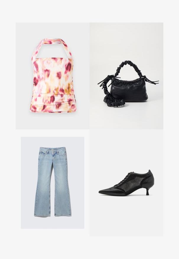 Top à col halter en tissu léger avec un motif tie-dye rose, jaune et blanc. Dispose de détails froncés et d'une silhouette ajustée.; Weekday NOVA - Jean slim - lip blue; Chaussure noire à bout pointu avec un design en panneau en maille, présentant un petit talon et un laçage à l'avant. Fabriquée à partir d'une combinaison de cuir et de matériau en maille.; Sac à main en simili cuir noir avec une texture crocodile, un dessus resserré et une sangle froncée. A l'apparence douce et compacte.