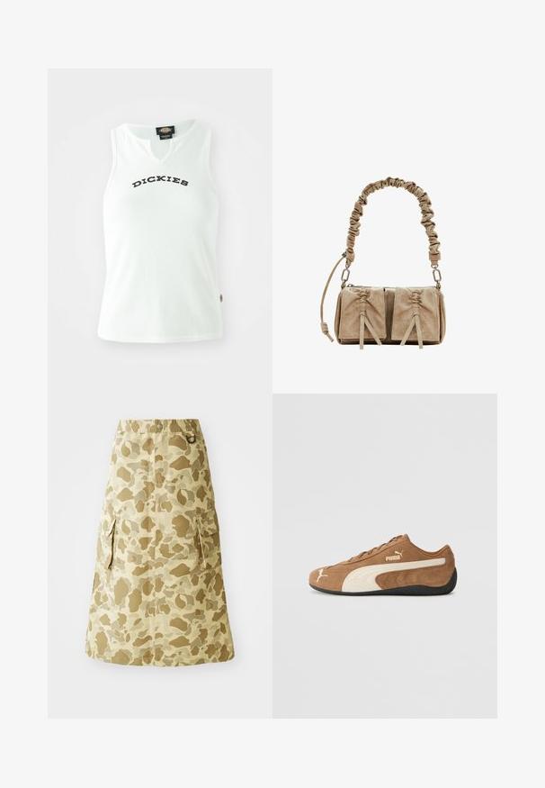 Balta šonkaidžių tank top marškinėliai su V formos iškirpte, ant krūtinės esantis žodis "DICKIES" parašytas ryškiomis juodomis raidėmis. Be rankovių.; Kakio sijonas su kamufliažo raštu, pagamintas iš lygaus audinio, su elastine juosta ir dviem šoniniais kišenėmis.; Rudos zomšiniai žemakulniai sportbačiai su kreminiais akcentais, tekstūruota paviršiumi, juoda guma padu ir siuvinėtu logotipu šone bei liežuvėlyje.; Kreminės suedinių rankinės su susiraukšlėjusiu audinio rankena, dviem priekinėm kišenėm su susiraukšlėjusiais uždarymais ir subtiliais tekstūros akcentais.