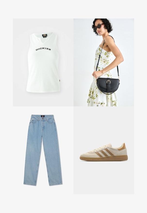 White ribbed tank top with a V-neck design, featuring the word "DICKIES" in bold black letters across the chest. No sleeves.; Light blue denim jeans with a straight cut, five pockets, button closure, and subtle whiskering on the front.; Beige suede sneaker with light brown accents. Features three brown stripes, textured rubber sole, and a rounded toe design.; Black leather handbag with a curved shape, detachable strap, and gold hardware. The bag features a flap with a buckle detail.