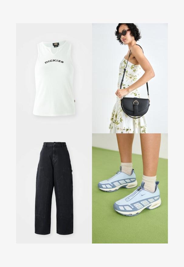 Camisola branca de algodão com sulcos e design em V, apresentando a palavra "DICKIES" em letras pretas em negrito na zona do peito. Sem mangas.; Calças cargo largas de ganga preta com uma cintura alta, dois bolsos frontais grandes e um fecho de botão na cintura. Textura suave, design casual.; Sapatos de desporto azul claro com acabamento branco, painéis texturizados e fecho de zíper. Apresentam uma sola com amortecimento visível e sola em borracha.; Bolsa de couro preta com forma curva, alça destacável e detalhes em dourado. A bolsa possui uma aba com detalhe de fivela.