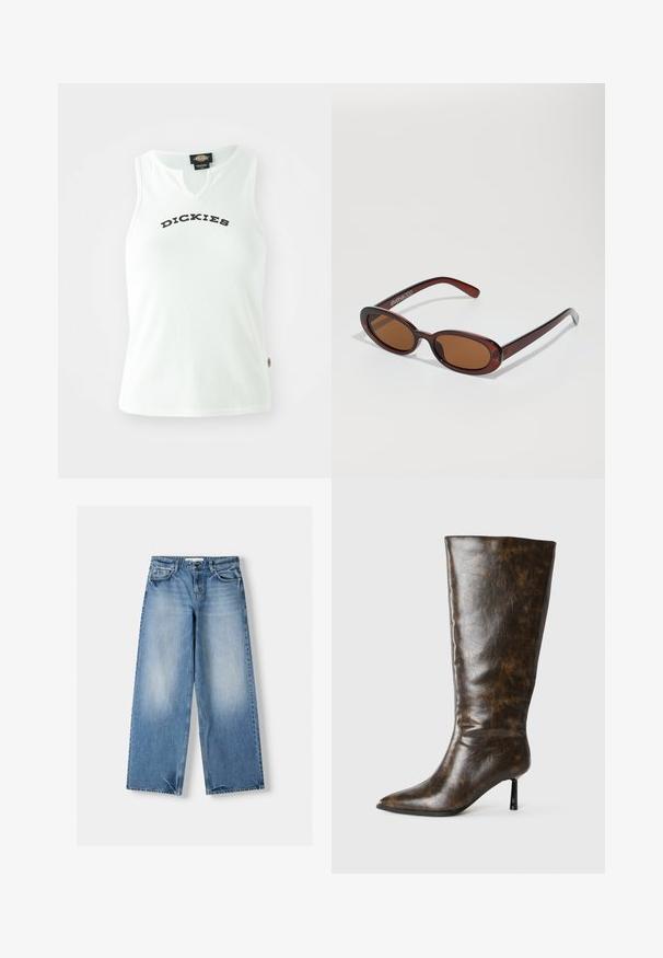 Fehér bordázott trikó V-nyakkivágással, a mellrészen vastag fekete betűkkel "DICKIES" felirattal. Ujjatlan.; Világoskék, laza szabású farmernadrág, széles szárakkal és elhalványult részekkel. Denim anyagból készült, klasszikus öt zsebes kialakítással és gombos zárással.; Barna, megviselt bőrből készült, térd fölé érő csizma, hegyes orral és vékony stiletto sarokkal, fehér háttérrel.; Kerek, barna árnyalatú napszemüveg fényes burgundi kerettel. Karcsú karok diszkrét márkázással. Lapos lencse kialakítás.; Leopárdmintás kézitáska fekete műbőr alappal, dupla felső fogantyúval, arany szippantyúval és fekete műbőr díszítőelemekkel. Téglalap alakú.