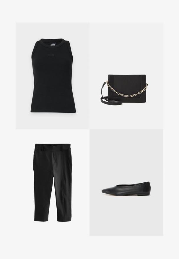 Svart ribbad linne med rund halsringning och ärmlös design. Inkluderar en diskret logotyp på bröstet och en slät textur.; Svarta korta byxor med en slät textur. Har en platt midja och inga synliga fickor, utformade för en skräddarsydd passform.; Svart läderballetflat, spetsig tå, minimalistisk design, slät textur, låg klack, ingen synlig hårdvara eller utsmyckningar.; Svart läder crossbody-väska med en slät yta, rektangulär form och metallickedjedetalj på framsidan. Justerbar rem ingår.; Silver ring med dubbel band och en slät, polerad yta. Har en flödande, böjd design med överlappande sektioner för en modern stil.