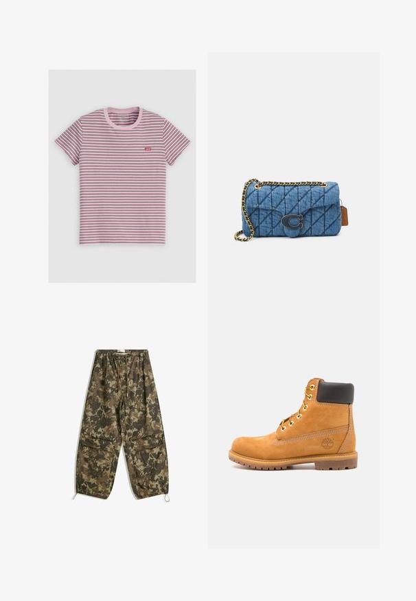 Pruhované triko s krátkým rukávem v růžové, červené a modré barvě. Má růžový žebrovaný kulatý límec a malé červené logo na levé straně hrudi. Materiál z bavlněné směsi.; Kalhoty s kamuflážním vzorem, lehké, v odstínech hnědé a zelené. Mají elastický pas, šňůrku na stažení a stažené kotníky.; Hnědá kožená kotníková bota s černým polstrováním, zlatými očky a texturovanou podrážkou. Obsahuje kruhové logo po boku a akcenty v podobě prošívání.; Modrá prošívaná džínsová kabelka na rameno se zlatým řetízkovým popruhem a výrazným zlatým logem na přední straně. Kompaktní obdélníkový tvar.