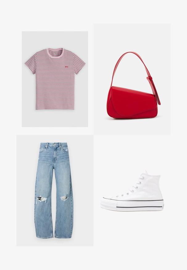 Črtasta kratkosleeve majica v roza, rdeči in modri barvi. Ima roza rebrast ovratnik in majhen rdeč logo na levem prsnem delu. Material je mešanica bombaža.; Svijetloplave traperice visoki struk. Imaju široke nogavice, dva poderana područja na koljenima i klasičan petotoksi stil.; Beli visoki platneni športni čevelj z črnim gumijastim podplatom, sprednjim gumijastim zaščitnikom za prste in šestimi luknjicami za vezalke, ki se ponaša s preprostim, minimalističnim dizajnom.; Rdeča usnjena torba z angularnim, geometrijskim dizajnom. Ima en samostoječ nastavljiv ročaj in pokrov, zaprt z zapiranjem, ki je okrašen s šivi.