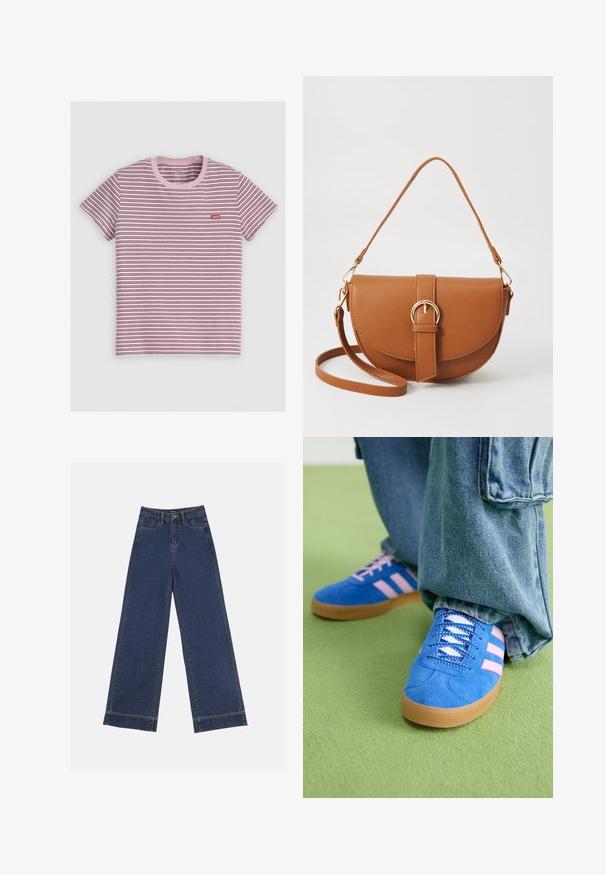 Striped short-sleeve t-shirt in pink, red, and blue. Features a pink ribbed crew neck and a small red logo on the left chest. Cotton blend material.; Wide-leg jeans in dark blue denim. Features five pockets, belt loops, and a raw hem at the bottom with visible stitching details.; Blue suede shoes with pink stripes and white laces, featuring a gum rubber sole, paired with loose denim pants on a green surface.; Brown leather crossbody bag with a curved shape, gold hardware, and a buckle accent. Features a detachable shoulder strap.
