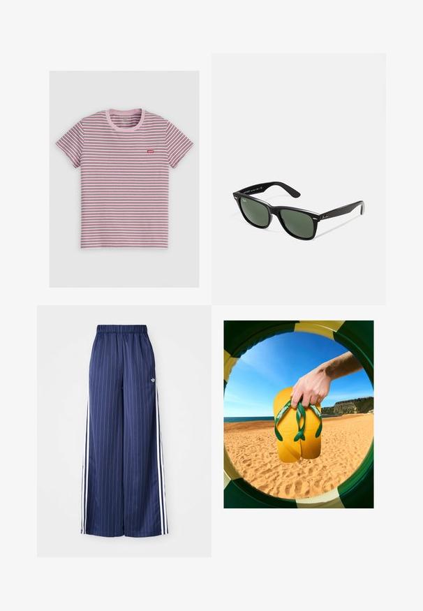 Stripete t-skjorte med korte ermer i rosa, rødt og blått. Har en rosa ribbestrikket rund hals og en liten rød logo på venstre bryst. Laget av en bomullsblanding.; Mørkeblå vide bukser med vertikale hvite striper, elastisk midje og tre hvite striper langs hver side, laget av et lett materiale.; Gule flip-flops med grønne stropper og teksturerte såler holdes av en hånd, sett gjennom en sirkulær ramme mot et bakteppe av stranden.; Sorte plast-solbriller med grønne linser, firkantede rammer, sølvdetalje på brynene, og teksturerte stangarmen. Angitt merke på indre arm.
