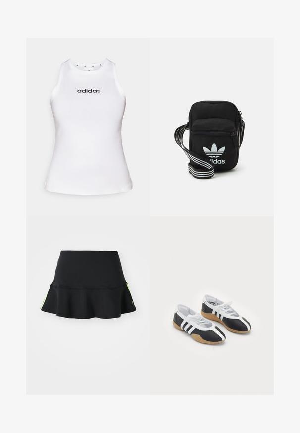 Bela brezrokavnica za šport izdelana iz gladkega materiala. Ima okrogel izrez in črn logotip "adidas" čez prsi. Enostaven dizajn, brez vzorcev.; adidas Originals SKIRT - Mini krilo - black; Črne in bele športne copate s sleek oblikovanjem, gumijastim podplatom, zapenjanjem na vezalke in tremi belimi črkami ob straneh.; Črna tkaninska torbica čez ramo z zadrgo, ki vsebuje belo Adidasovo logo in pridelano naramnico z več črtami za enostavno nošenje.