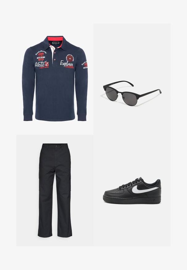 Tumesinise pika varrukaga polo särk, mis on valmistatud puuvillast. Särgil on krae, punased detailid ning rindkere ja varrukatel on tikitud tekst ja grafikad.; Mustad cargo püksid sirge säärega disainiga, küljetaskud ja tekstuuriga kangas. Nööp sulgemisega vöökoht, et tagada kindel istuvus.; Mustad mustad Nike Air Force 1 tossud, millel on siledast nahast ülemine osa, valge logoga aktsent, aukudega varvas ja tekstuuriga kummitald.; Mustad prillid ümmarguste läätsedega, mati viimistlusega ja iseloomuliku kassisilma kujuga. Peened sangad, millel on vasakul templil diskreetne brändingu märk.