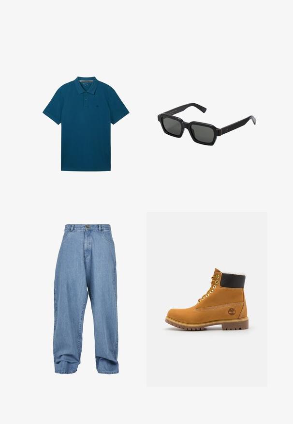 Tengerzöld pamut póló, galléros nyakkal, három gombbal, rövid ujjakkal és egy kis logóval a bal mellen.; Világoskék denim nadrág, laza fazonnal, gombos záródással, elülső zsebekkel és pohárkialakítással, klasszikus öt zsebes kialakítással.; Barna bőrből készült bokacsizma fém fűzőlyukakkal, fehér szőr béléssel, fekete párnázott gallérral, strapabíró talppal és dombornyomott logóval az oldalán.; Fekete, négyzet alakú napszemüveg szürke lencsékkel. Vastag műanyag keretek arany díszítéssel és márkázással a szárán. Sima felület.