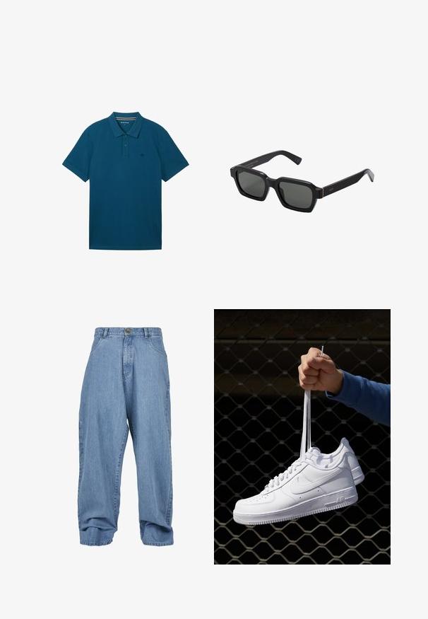 Teal polo skjorta gjord av bomull, med krage, tre knappar, korta ärmar och en liten logotyp på vänster bröst.; Ljusblå denimbyxor med lös passform, knappstängning, framfickor och uppvikta benslut, med en klassisk femficksdesign.; Vita lädersneakers med perforeringar, rund tå, platt sula och tjocka snörning, med en synlig swoosh-logga och "AIR" på hälen.; Svarta, fyrkantiga solglasögon med grå linser. Tjocka plastbågar med guldaccenter och varumärke på skalmen. Slät yta.