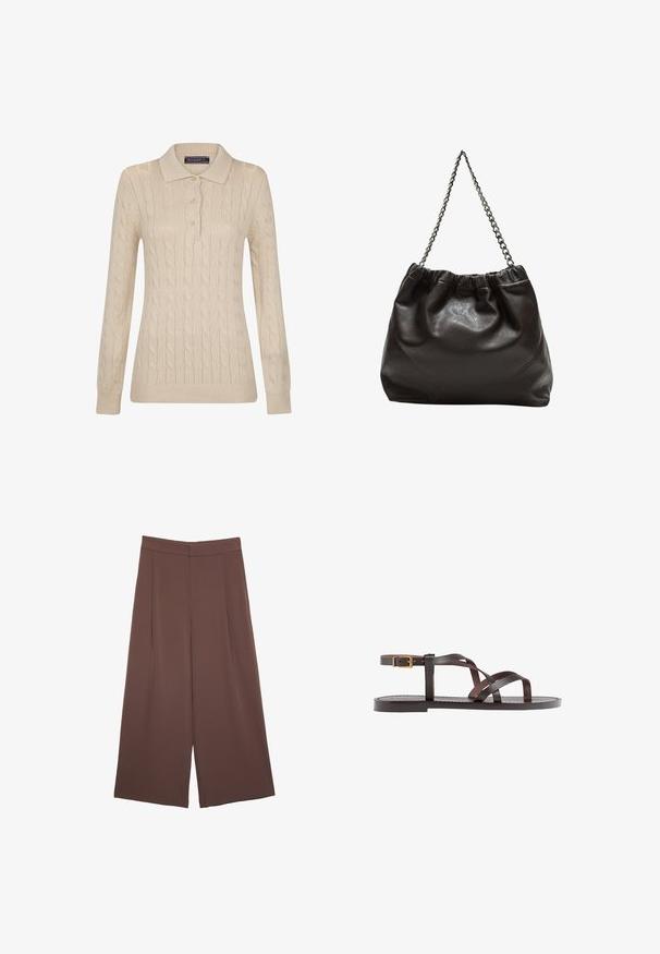 Felix Hardy CABLE - Maglietta a manica lunga - beige; Pantaloni ampi marroni con una texture liscia, caratterizzati da una vita alta e pieghe frontali. Il tessuto è leggero e scorre liberamente.; Sandal in pelle marrone con cinturini incrociati, chiusura con cinturino alla caviglia e suola piatta con dettagli di cucitura minimi.; Borsa in pelle marrone con parte superiore arricciata e tracolla a catena. Texture liscia con finitura lucida e dettagli di cucitura sottili sui lati.