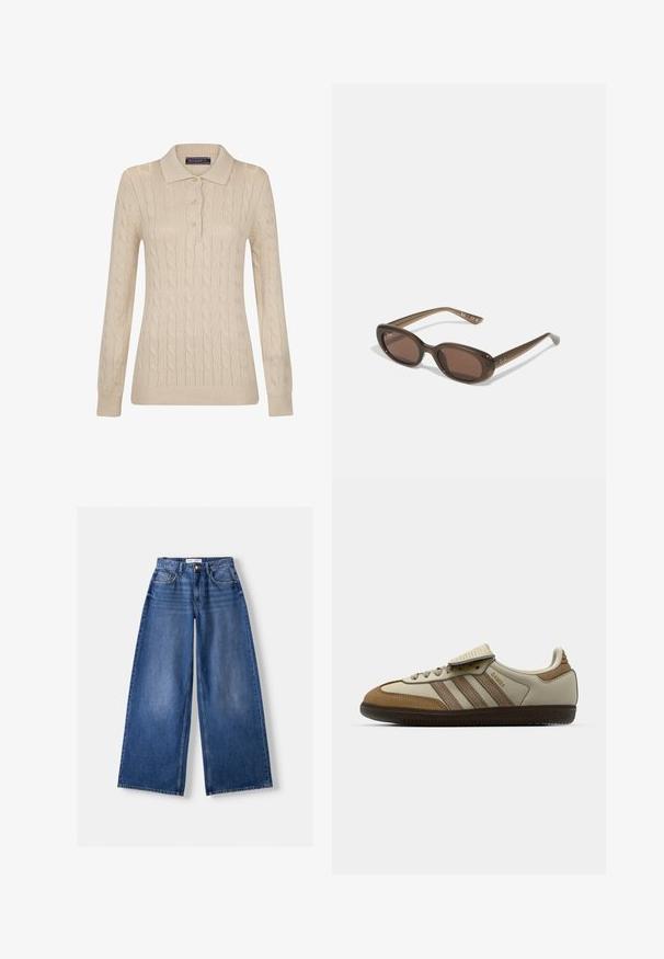 Felix Hardy CABLE - Langarmshirt - beige; Bershka WIDE-LEG - Wide Leg - dark blue; Braune und cremefarbene Sportschuhe mit drei beigefarbenen Streifen, aus Wildleder und Leder gefertigt, Schnürdesign und Gummisohle. Textlogo an der Seite.; Braune ovale Sonnenbrillen mit dunklen Gläsern. Das Gestell besteht aus einem transparenten braunen Material und hat ein auf den Bügeln aufgedrucktes Logo.; Braune Wildleder-Shopper-Tasche mit zwei Schulterriemen, großzügiger rechteckiger Form und minimalistischem Design. Weiche Textur mit glatter Oberfläche.