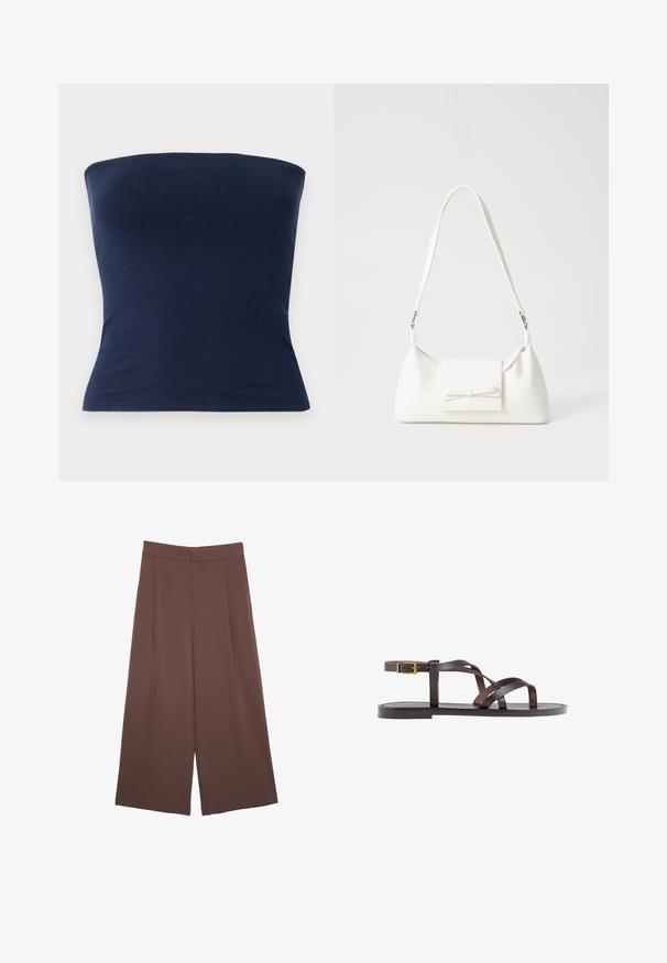 Mornarsko modra top brez naramnic, izdelana iz mehkega, elastičnega materiala. Užitna zasnova z gladko teksturo in brez vidnih vzorcev ali kovinskih detajlov.; Rjave široke hlače z gladko teksturo, ki imajo visok pas in sprednje naborke. Tkanina je lahka in prosto pada.; Rjav usnjen sandal z načinom prečnega črta, zaklepom okoli gležnja in ravnim podplatom z minimalnimi šivi.; Bela sintetična torbica v obliki trikotnika, z ravnim sprednjim poklopcem in detajlom mašne, nastavljivim trakom, gladko teksturo in minimalističnim dizajnom.