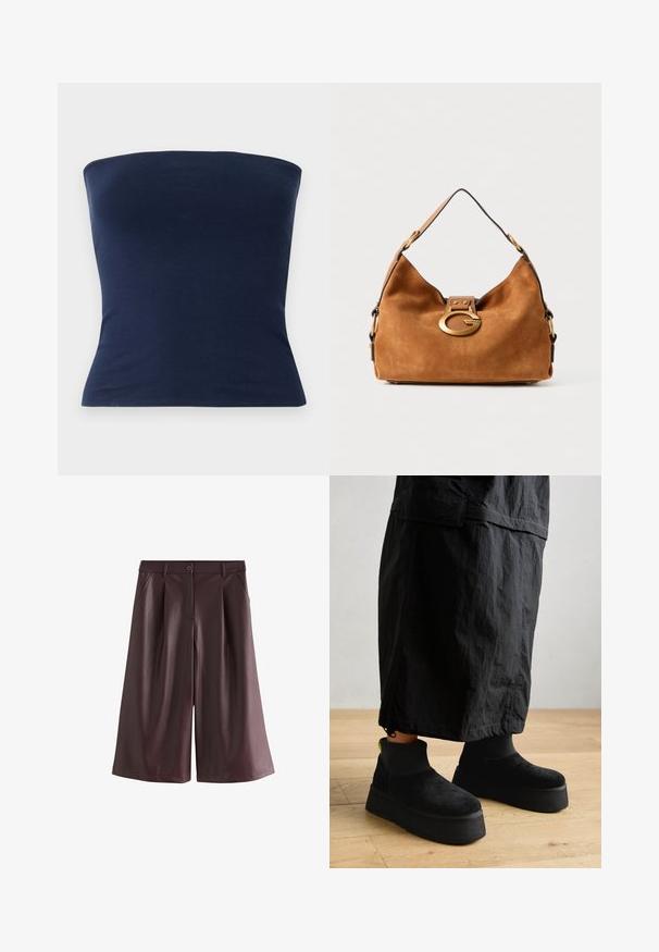 Sötétkék, pánt nélküli felső, puha, rugalmas anyagból készült. Testhezálló fazon, sima textúrával és látható minták vagy fémrészek nélkül.; Barna, bő szárú műbőr rövidnadrág elülső zsebekkel, övhurkokkal és gombzárral.; Fekete platform bokacsizmák puha velúrból, sima felülettel és vastag talppal. Bordázott textúrával és neon kiegészítéssel a saroknál.; Barna velúr kézitáska lekerekített formával, aranyszínű fémkapoccsal és kontrasztos fekete díszítéssel. Egyetlen vállpánttal rendelkezik a hordozáshoz.