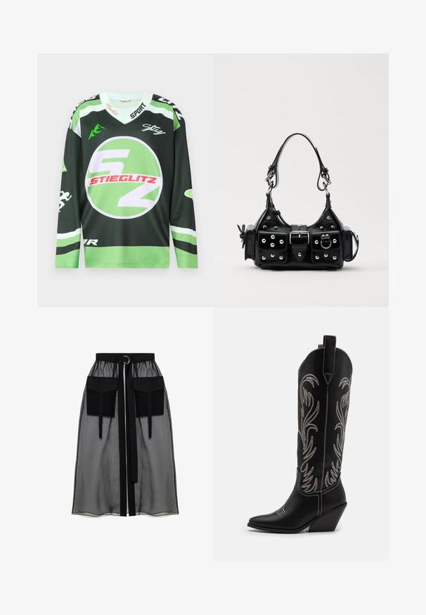 Žalias ir juodas ilgomis rankovėmis džersis su apvaliu logotipu, ryškiais baltais ir raudonais grafikos elementais bei v-kaklu. Pagamintas iš kvėpuojančios medžiagos.; Juoda permatoma sijonas su surinkta liemene, dviem didelėm priekinėm kišenėm, liemens raišteliu ir apvaliu metaliniu akcentu.; Juodi oda kaubojiški batai su smailiu nosiu, stulpeliu ir sidabriniais siuvinėti gėlių raštais palei šoną. Kontrastingas siuvinėjimas visoje bato dalyje.; Juodas odinis rankinukas su kreiviu dizainu, su sidabro spalvos knopkėmis, užsegimu ir dviem šoninėmis kišenėmis. Reguliuojama dirželis nešimui.