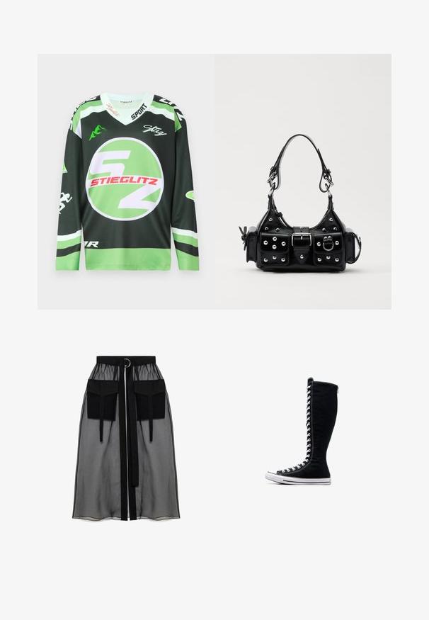 Green and black long-sleeve jersey with circular logo, bold white and red graphics, and v-neck design. Made of breathable fabric.; Black sheer skirt with a gathered waistband, featuring two large front pockets, a waist tie, and a circular metal accent.; Black high-top sneakers with a tall design, made of canvas. Feature white laces, stitching, and a rubber sole with a toe cap.; Black leather handbag with a curved design, featuring silver studs, a buckle, and two side pockets. Adjustable strap for carrying options.