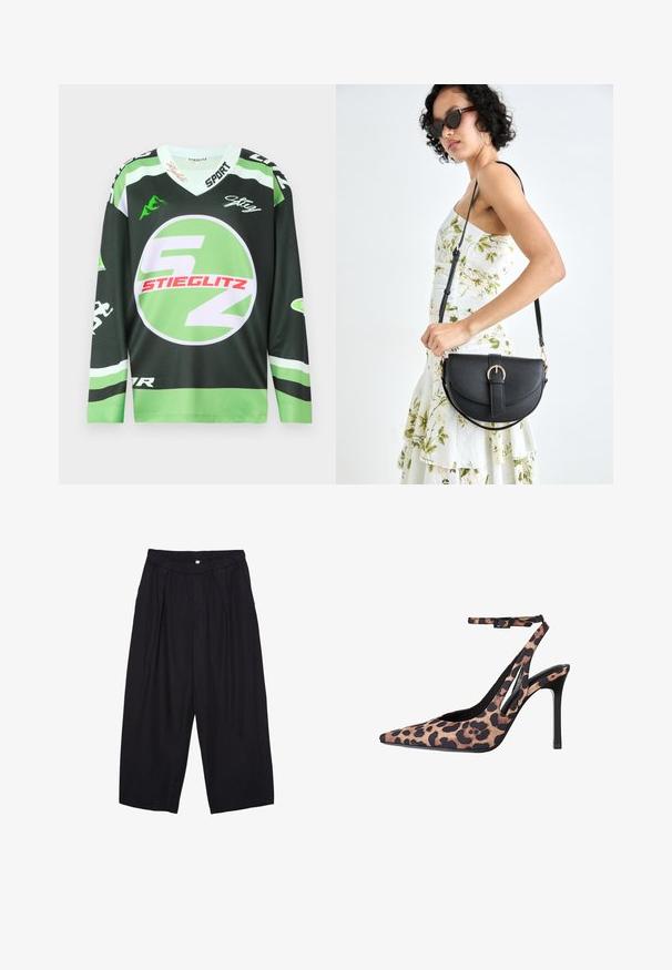 Zelený a čierny dlhý rukáv dres s kruhovým logom, výraznou bielou a červenou grafikou a dizajnom v-neck. Vyrobené z priedušného materiálu.; Čierne polyesterové culotte nohavice s elastickým pásom, dvoma prednými záhybmi a voľným strihom. Žiadne viditeľné vzory ani detaily z kovu.; Lodičky na vysokom opätku so zebrovým vzorom, so špicatou špičkou, otvorenou stranou a nastaviteľným remienkom na členku. Vyrobené z textilu, s čiernou podrážkou.; Čierna kožená kabelka s zaobleným tvarom, odnímateľným popruhom a zlatými doplnkami. Kabelka má klopu s detailom s prackou.