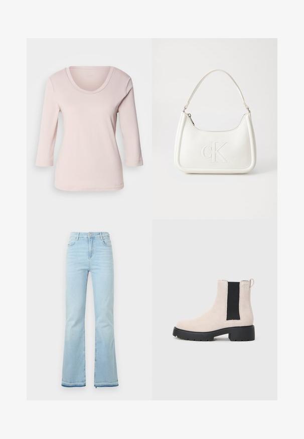 Lichtroze, langesleeve shirt met een ronde halslijn. Gemaakt van een zachte stof, met gestikte details langs de halslijn en de mouwranden.; Lichtblauwe klokbroeken van denim, met een hoge taille, voorzakken en een ruwe zoom bij de boorden voor een casual uitstraling.; Beige suède Chelsea-boot met zwarte elastische zijpaneel, robuuste zwarte zool en een trekhaak bij de enkel.; Witte lederen handtas met een gebogen vorm, voorzien van een reliëf "CK" logo aan de voorkant en een enkele schouderriem. Ritsluiting aan de bovenkant.