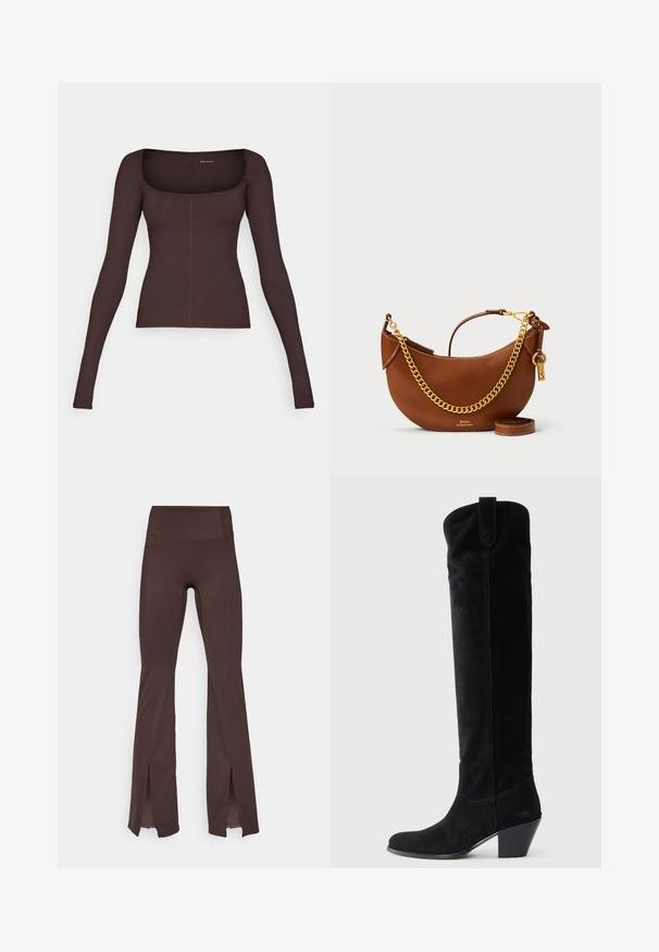 Pruunid pikad varrukad ülikond, ruudukujulise kaelusega, mis on valmistatud ribakudumist. Omab figuuri järgivat siluetti ja peeneid õmbluse detaile.; Pruunid laiad legginsid pehmest kangast, kõrge vöökoht ja külgsisselõiked allääres. Omavad sileda sobivuse tagamiseks lapitud õmblusi.; Must mustanaha, millel on kitsenev ruudukujuline konts. Sile tekstuur, ümar varvas ja õmbluste kaunistused varre ääres.; Pruun nahast käekott kaarjate joontega, kullast ketirihm, sisemine tasku ja eemaldatav õlarihm. Omab kontrastset õmblust.