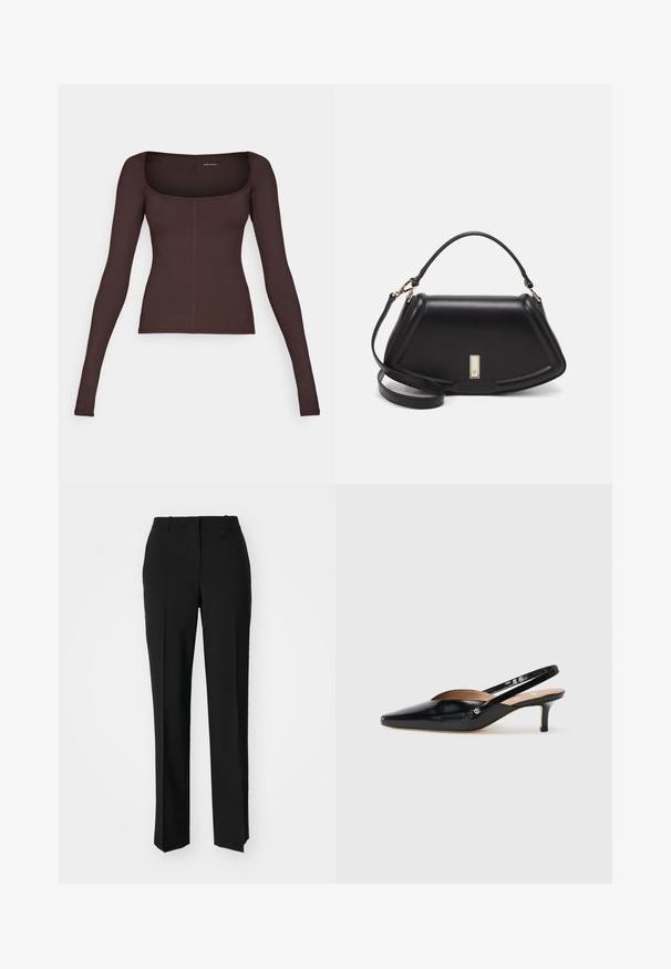 Brown long-sleeve top with a square neckline, made of ribbed fabric. Features a fitted silhouette and subtle stitching details.; Black tailored trousers with a straight-leg design, featuring a smooth texture and crisp creases along the front. No visible hardware.; Black patent leather slingback pump with a pointed toe, small heel, and a cutout design on the vamp. Gold-tone hardware accent on the side.; Black leather handbag with a structured design, featuring a cropped shape, top handle, and gold hardware accent. Adjustable shoulder strap included.