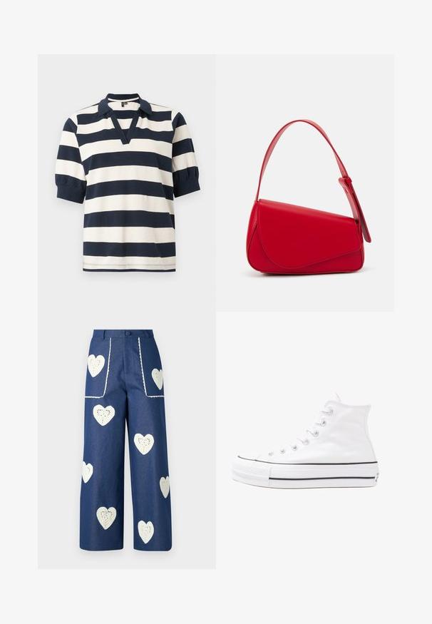 Csíkos pamut póló fehér és sötétkék vízszintes csíkokkal, rövid puffujjakkal, V-nyakkivágással és bordázott gallérral.; Sister Jane HEART TO HEART - Egyenes szárú farmer - blue denim; Fehér magaskorsó vászon sportcipő fekete gumi talppal, elülső gumi orrnyereggel és hat fűzőlyukkal, letisztult, minimalista dizájnnal.; Piros bőr kézitáska szögletes, geometrikus kialakítással. Egy állítható pánttal és varrott részletekkel ellátott fedélzárral rendelkezik.
