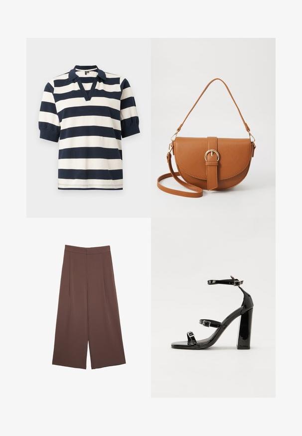 Pruhovaná bavlnená polo košeľa s bielymi a námorníckymi horizontálnymi pruhmi, krátkymi naberanými rukávmi, V-krkom a rebrovaným golierom.; Hnedé nohavice so širokými nohavicami a hladkou textúrou, s vysokým pásom a prednými skladmi. Tkanina je ľahká a voľne sa pohybuje.; Čierne lakované sandále na vysokom opätku s dvoma prackami, štvorcovou špičkou a hrubým blokovým opätkom, s hladkou, lesklou textúrou.; Hnedá kožená kabelka cez telo s zakriveným tvarom, zlatými kovovými doplnkami a akcentom s prackou. Obsahuje odnímateľný ramenný popruh.