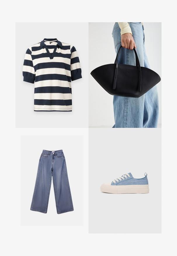 Polo shirt in cotone a righe con strisce orizzontali bianche e navy, maniche corte a sbuffo, scollatura a V e colletto a coste.; Jeans in denim a gamba ampia di un blu chiaro, caratterizzati da una vita alta, tasche frontali e una chiusura con bottone e passanti per cintura.; Sneakers di tela blu chiaro con punta e suola in gomma crema, dotati di lacci bianchi e un cinturino sul tallone.; Borsa a tracolla in pelle nera con una forma a ventaglio unica, dotata di manici piatti. La superficie presenta una texture a ciottoli e un design minimalista.