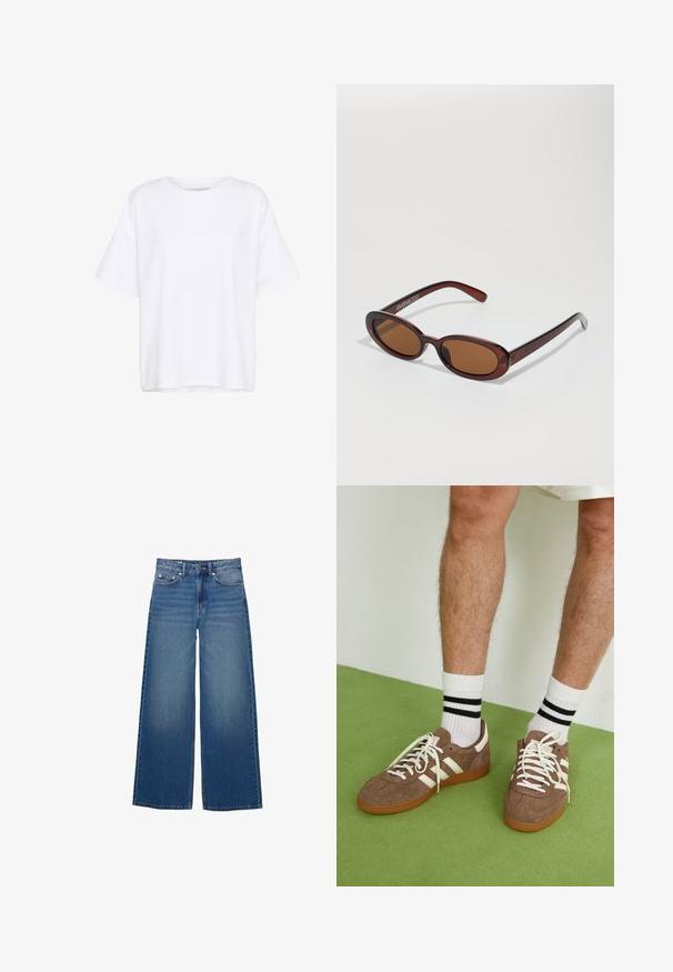 Biely bavlnený tričko s voľným strihom, okrúhlym výstrihom a krátkymi rukávmi. Na prednej ľavej strane má malé logo. Hladká textúra.; Džínsy s širokými nohavicami vyrobené z denimu, so zvýšeným pásom, prešitými detailmi a jednoduchým dizajnom s jemným efektom vyblednutia.; Hnedé zamatové tenisky s bielymi akcentmi a šnúrkami. Gumová podrážka. Nosené s bielymi ponožkami so čiernymi pruhmi. Zelená textúrovaná podlaha.; Okrúhle slnečné okuliare s hnedým nádychom a lesklým burgundským rámom. Úzke ramená s jemným brandovaním. Plochej šošovky dizajn.; Hnedá tkaná kožená kabelka s voľným, trojuholníkovým tvarom. Má opletenú rúčku a zips na vrchu.