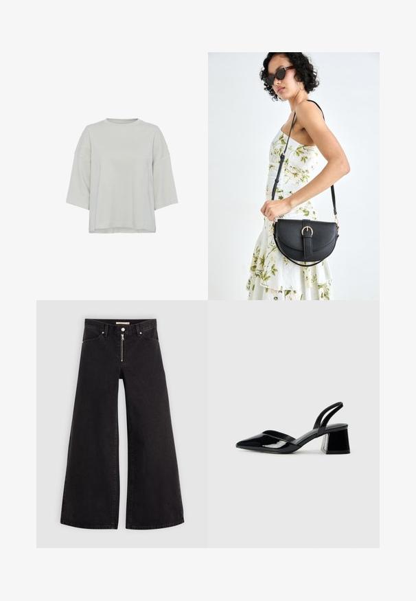 Heled hall, lühikeste varrukatega särk, mis on valmistatud pehmest kangast. Omab ümmargust kaelaauku ja peent õmbluste detaili ees. Tavaline lõige.; Laiad teksad mustast denimist, millel on lukuga eesmine osa, viie taskuga disain ja peened õmblusdetailid. Sile tekstuur ja juhuslik stiil.; Mustad musta lakknahk kingad, millel on terav varvas ja geomeetriline plokkkonts. Omab elegantselt minimalistlikku disaini ja sujuvat tekstuuri.; Mustmust mustraha kõverate joontega, eemaldatava rihmaga ja kuldsete detailidega. Kotil on klapp, millel on pandladetail.