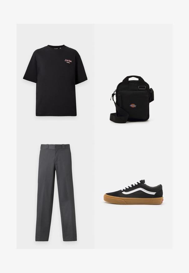 Tricou negru din bumbac, cu croi lejer, mâneci scurte și un logo brodat roșu pe partea stângă a pieptului. Textură fină, design cu gât rotund.; Pantaloni gri, dintr-un material neted, cu un design drept, închidere cu nasture și bucle pentru curea; cusături minime și fără modele.; Adidași din suede negru cu dungi albe pe lateral, șireturi albe și talpă din cauciuc natural. Design clasic de tip low-top cu accente texturate și vârf rotunjit.; Geantă de umăr neagră cu un buzunar cu fermoar, formă rectangulară, fabricată din material textil, cu un patch logo pe partea din față, curea de umăr ajustabilă.