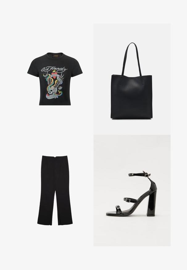 Černé bavlněné tričko s barevným grafickým designem, na kterém jsou lebka, orel, srdce a hadi, označené "Ed Hardy New York City."; Černé kalhoty s rovným střihem, s předními kapsami a bočními rozparky na lemu. Vyrobené z jemné, hladké tkaniny. Vhodné na různé příležitosti.; Černé lakované sandály na podpatku se čtveratou špičkou, lýtkovými pásky a stříbrnými přezkami. Disponují masivním blokovým podpatkem pro stabilitu.; Černá kožená taška přes rameno s hladkým povrchem, obdélníkovým tvarem a dvěma dlouhými uchy. Žádné viditelné kování ani ozdoby.