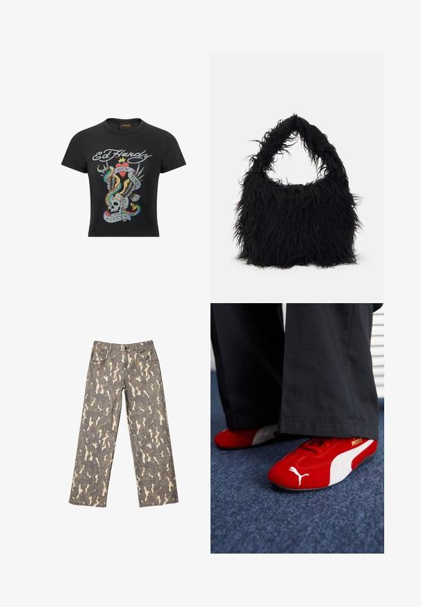 Czarna bawełniana koszulka z kolorowym nadrukiem przedstawiającym czaszkę, orła, serce i węże, oznaczona napisem „Ed Hardy Nowy Jork”.; Jeansy o szerokich nogawkach w szarym, beżowym i brązowym wzorze w kamuflażu, z przednimi kieszeniami, szlufkami na pasek i zapięciem na guzik.; Czerwone zamszowe sneakersy z białymi akcentami, z teksturowanym materiałem, okrągłym noskiem i złotym logo z boku, noszone z czarnymi spodniami.; Even&Odd - Torba na zakupy