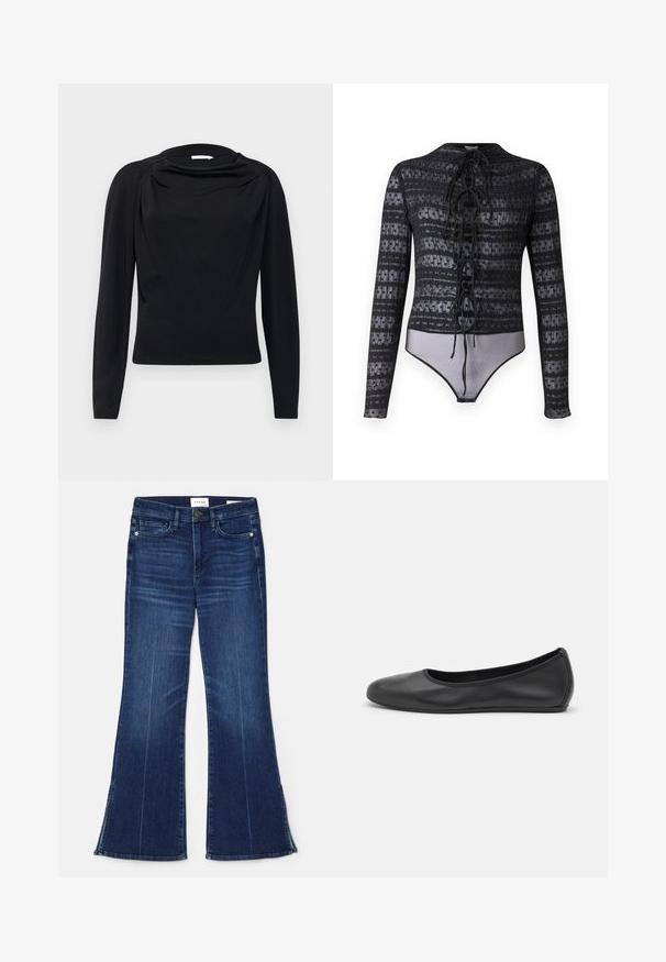 Mustade pikka varrukaga tops, millel on vooderdatud kaelus ja läbinähtav siluett, valmistatud pehmest elastseks kangast. Sile tekstuur ja minimalistik disain.; Hofmann Copenhagen EXCLUSIVE MIRELLA - Pluus - black; Tumedat sinised laiad teksad, mis on valmistatud denimist. Omavad kõrget vööd, eesmine taskud ja lõhikud hemmi juures. Klassikaline viie-tasku disain.; Musthave mustika tantsutossud mustast nahast, ümmarguse varbaga, siledast tekstuurist, minimaalse õmblusdetailiga ja paindliku tallakujundusega.