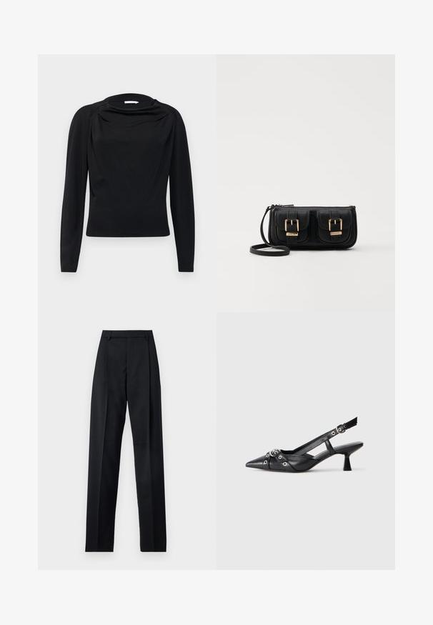 Fekete, hosszú ujjú felső, laza nyakkivágással és testhezálló szabással, puha, nyújtható anyagból készült. Sima textúra és minimalista dizájn.; Fekete nadrág sima anyagból, magas derékkal, széles lábakkal, elülső redőkkel és klasszikus övhurkokkal. Oldalzsebek nem láthatók.; Fekete bőr slingback cipő hegyes orral, dekoratív pántokkal, fém szemekkel és alacsony blokk sarkú. Texturált felület.; Fekete bőr keresztbody táska két elülső zsebbel, arany csattokkal, cipzáras záródással és vékony pánttal. Textúrált felület és kompakt téglalap alak.