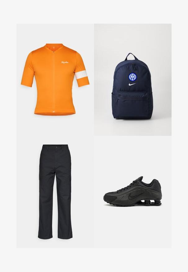 Kratke rukave kolesarska majica v svetlo oranžni tkanini s sprednjim zadrgo, z belo črto na levem rokavu in subtilnim logom.; Črne cargo hlače s ravnim krojem, ki imajo stranske žepke in teksturirano tkanino. Zapenjanje na gumb pri pasu za varen oprijem.; Črne tekalne čevlje z gladkim sintetičnim zgornjim delom, perforiranimi poudarki, teksturiranimi stranskimi paneli in edinstvenim elastičnim podplatom.; Temno modra nahrbtnik z zaobljenim vrhom, z dodatnim sprednjim žepom z zadrgo, logotipom Nike in krožnim modro-belam grbom ekipe.
