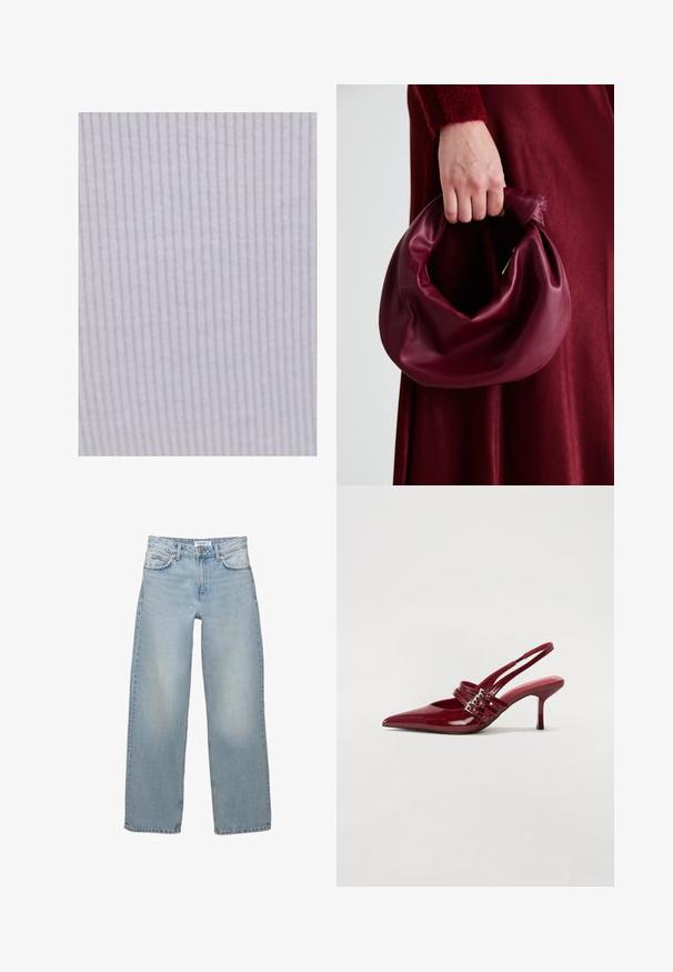 Lichtpaarse stof met dunne verticale strepen. De textuur is zacht en glad, geschikt voor kleding of bekledingsdoeleinden.; Lichtblauwe, wijde spijkerbroek van denim. Heeft een klassieke vijf-pocketontwerp met een knoop- en ritssluiting.; Rode gepatenteerde leren slingbackhakken met een spitse neus, twee gespsluitingen en een slanke, middelhoge stilettohak. Glad textuur.; Bordeaux leren handtas met een zacht, gegathered ontwerp en een ronde vorm. De handgreep is stevig bevestigd en toont een gladde textuur.