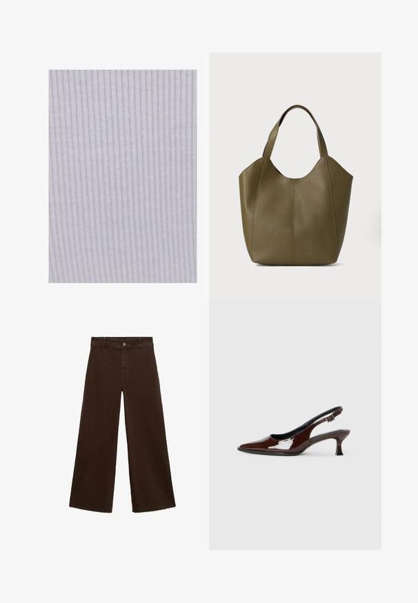 Vaaleanpuhdas kangas, jossa on ohuet pystysuorat raidat. Kangas on pehmeä ja sileä, mikä tekee siitä sopivan vaatteisiin tai verhoilukäyttöön.; Ruskeat leveät housut puuvillasekoituksesta, joissa on revitty helma, etunappikiinnitys ja perinteinen viisi-taskuinen muotoilu. Minimalistiset ja monikäyttöiset.; Ruske patentin nahkalijatke sa špicastim nosom i umjerenom petom. Sadrže remen s kopčom za sigurno pristajanje. Glatka tekstura.; Oliivivärinen nahkakassi, jossa on kaksoisremmit, sileä pinta ja neljän paneelin muotoilu. Vahvistettu ompelu saumoissa kestävyyden takaamiseksi.