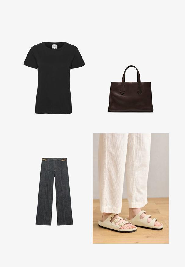 Sort bomulds T-shirt med rund halsudskæring, korte ærmer og lige kant. Stoffet har en glat tekstur uden synlige mønstre eller detaljer.; Mørk vask denim bredbensbukser med høj talje. Har synlig syning, knaplukning og en unik kædeaccent i taljen.; Lys beige sandaler med tre justerbare stropper med metalspænder, en polstret sål og en sort gummisål.; Brun læder tote bag med to forlængede håndtag, struktureret rektangulær form, glat overflade og subtile syninger.