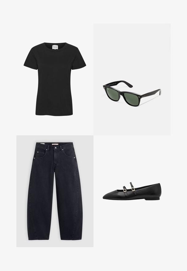 Black cotton t-shirt with a round neckline, short sleeves, and a straight hem. The fabric has a smooth texture, no visible patterns or accents.; Black denim wide-leg jeans with a high waist, two front pockets, and silver hardware. Smooth texture, minimal stitching details, and straight cut.; Black leather flat shoe with a pointed toe, featuring two black straps and gold square buckles. Smooth texture and low-profile sole.; Black plastic sunglasses with green lenses, square frames, silver accent on the brow, and textured temple arms. Stated brand on inner arm.; Black fabric bag with a textured, quilted pattern. Rounded shape, short, thick handles, and a soft, flexible structure.