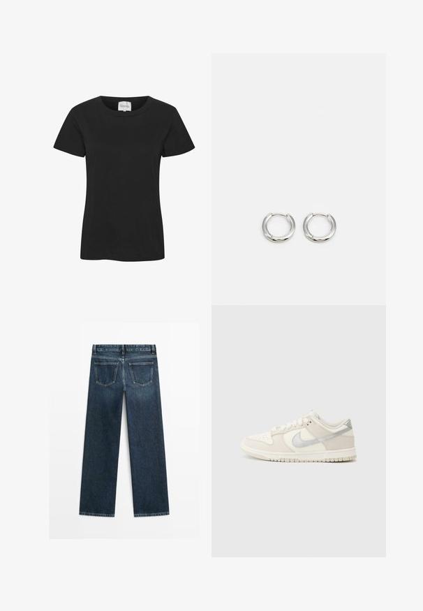 Black cotton t-shirt with a round neckline, short sleeves, and a straight hem. The fabric has a smooth texture, no visible patterns or accents.; Dark blue denim jeans with a straight cut, featuring two back pockets and visible stitching along the seams and hems.; Low-top sneakers in off-white leather and suede, featuring a silver Swoosh logo, perforated toe, and textured rubber sole.; Silver hoop earrings with a polished finish, featuring a circular shape and a hinge closure, emphasizing sleek and minimalist design.
